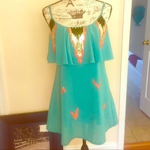 NEW Rehab Sequin Aztec Flounce Turquoise Dress